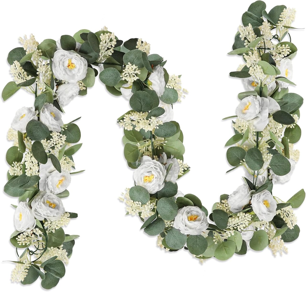2Pack White 13Ft Artificial Eucalyptus Garland with Flowers, Fake Rose Gypsophila Vine Rose Garlands Decor, Floral Flower Greenery Garland for Wedding Home Table Decor (White)